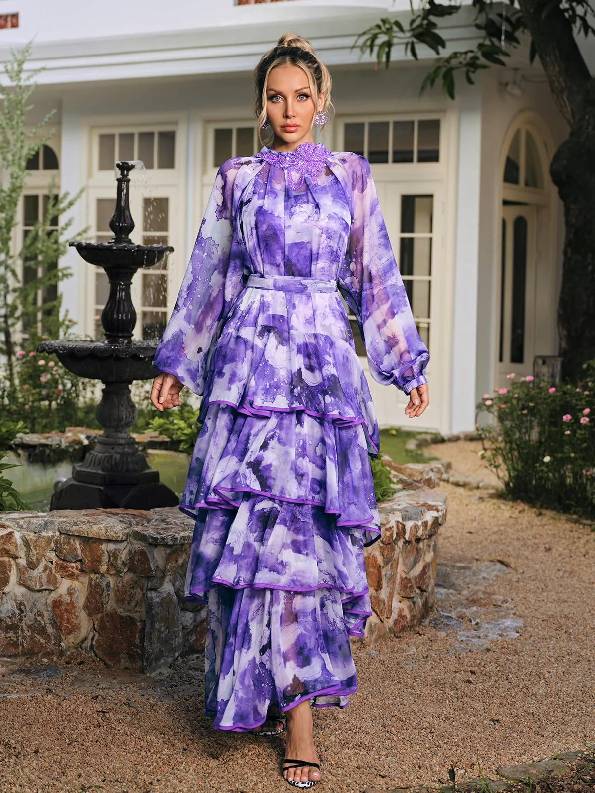 Floral Ruffle Tiered Maxi Dress Purple | Elegant Flowing Silhouette