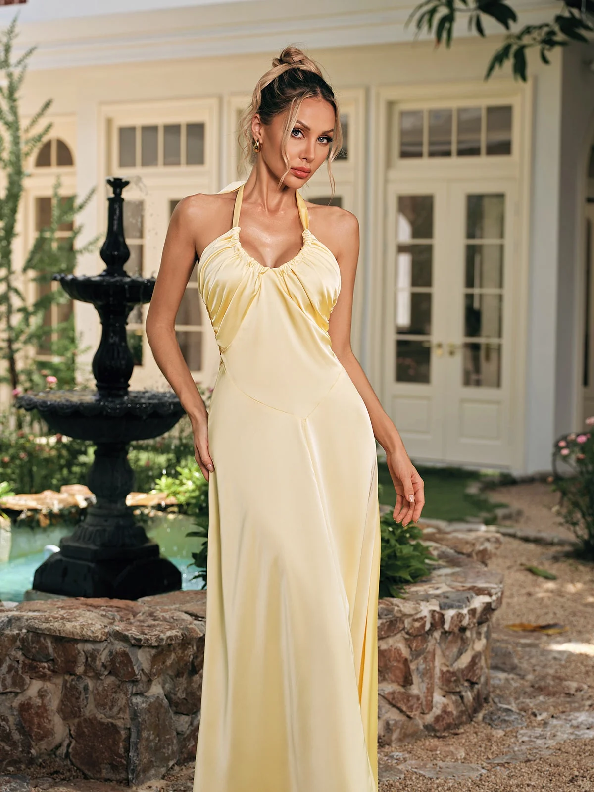 Yellow Satin Maxi Dress with Lace-Up Detail - Elegant & Glamorous