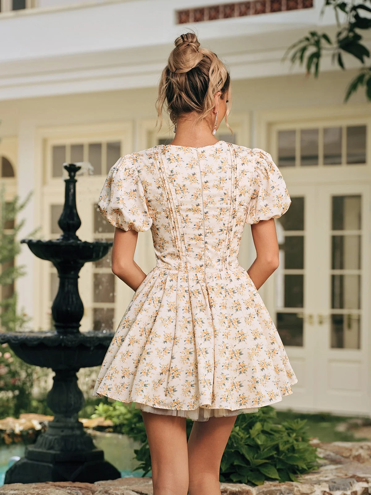 Floral V-Neck Mini Dress - Vibrant Yellow Tea Dress