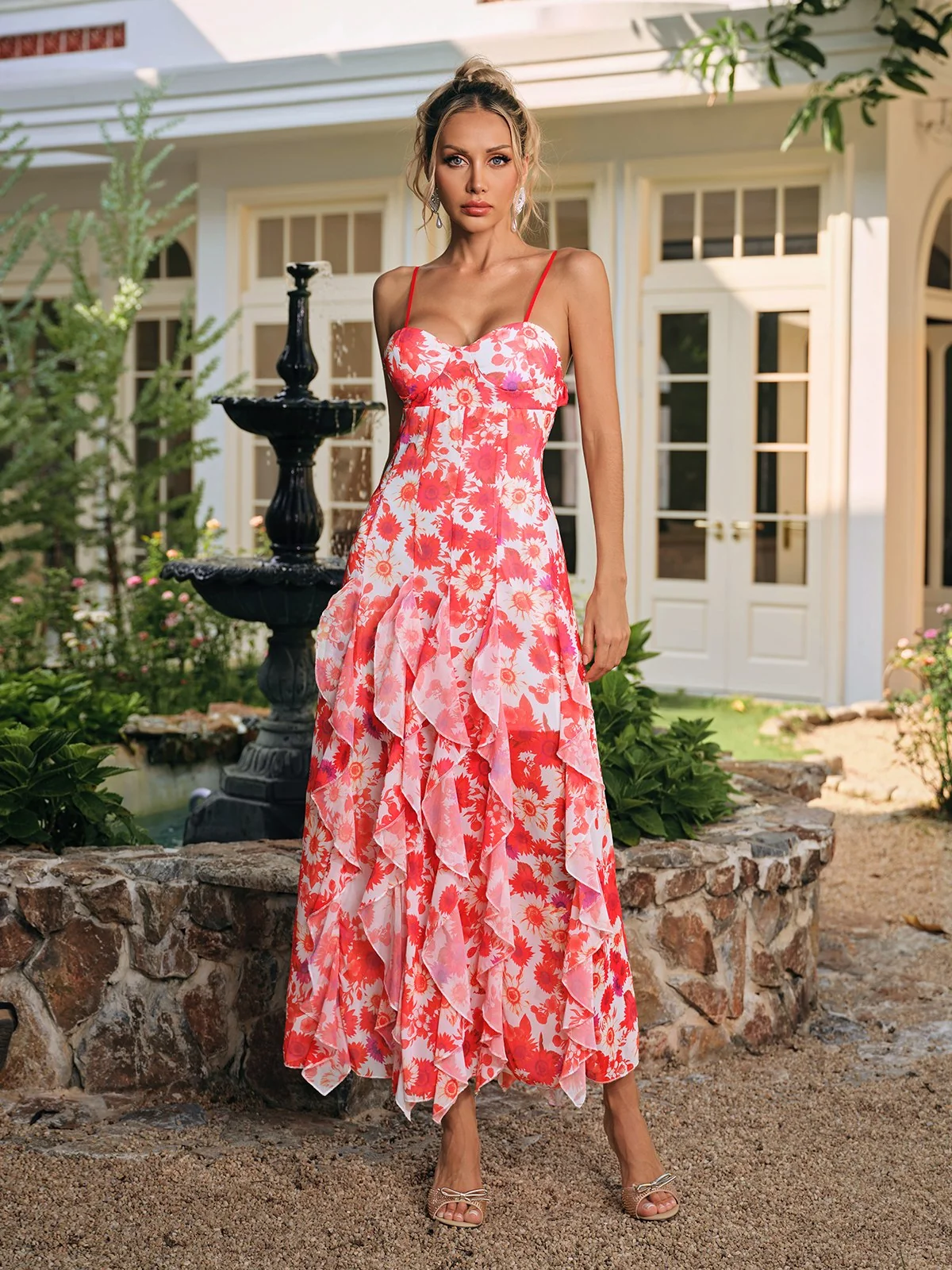 Floral Ruffle Tea Dress with Spaghetti Straps