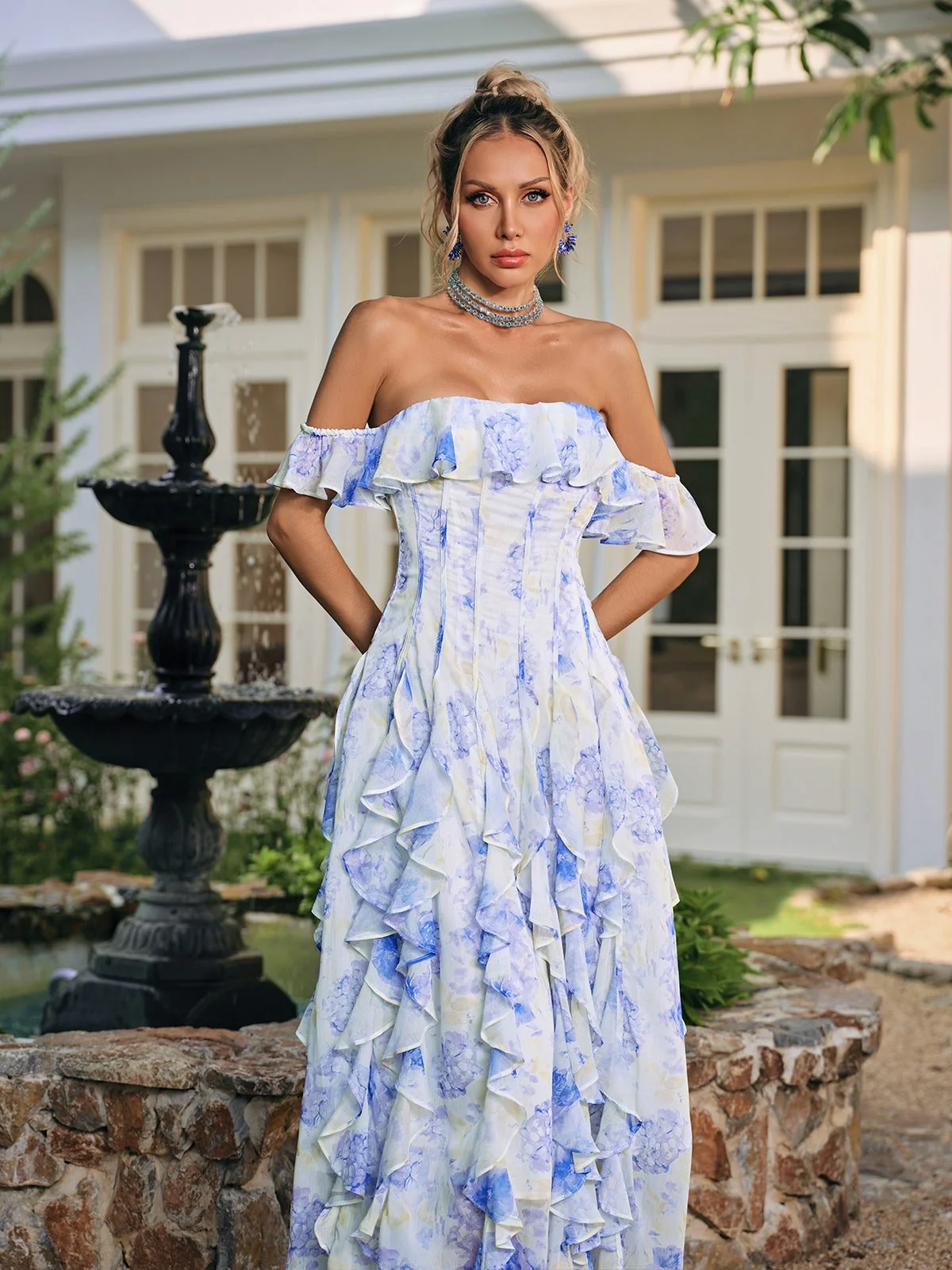 Floral Ruffle Maxi Dress - Elegant Off-Shoulder Womens Tea Dress