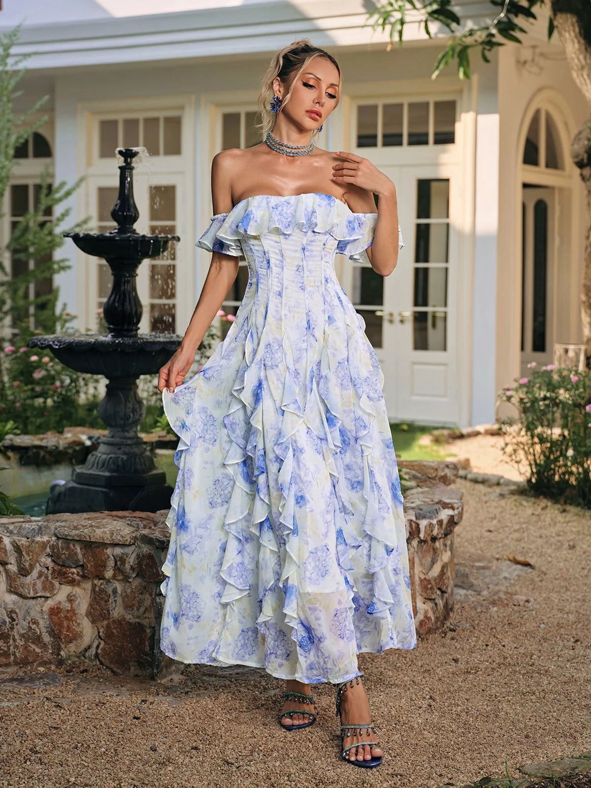 Floral Ruffle Maxi Dress - Elegant Off-Shoulder Womens Tea Dress