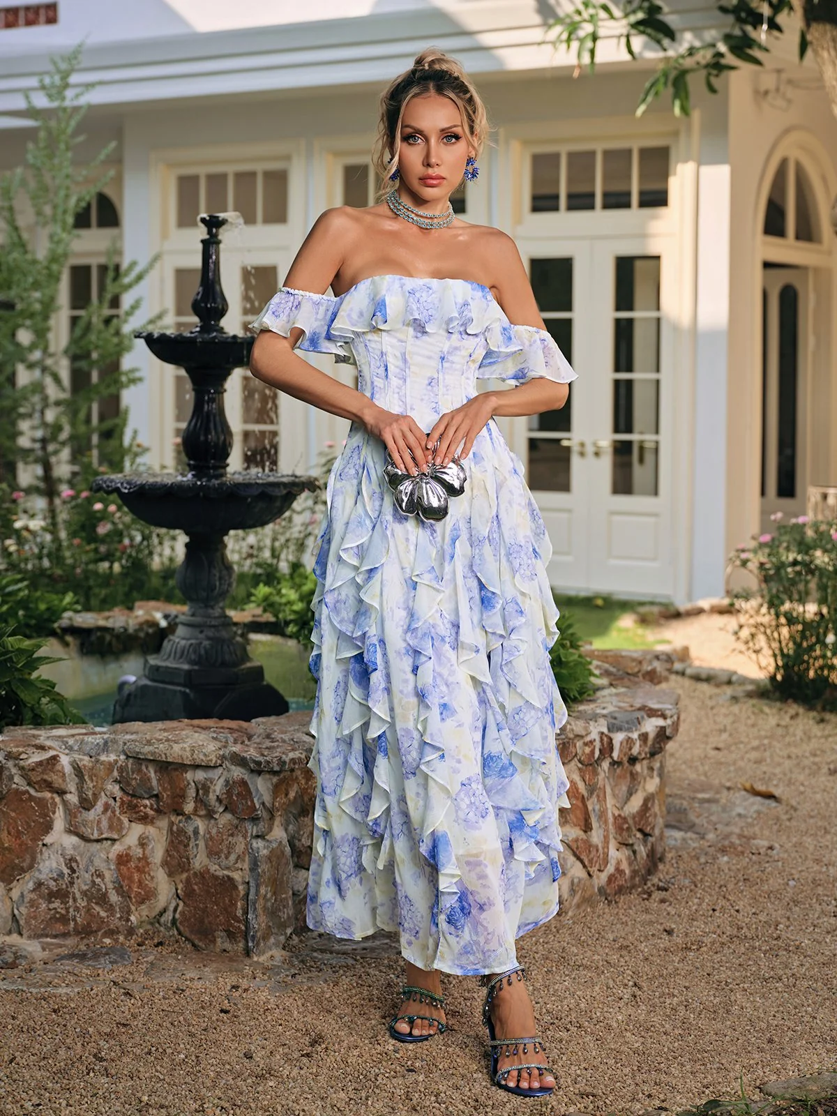 Floral Ruffle Maxi Dress - Elegant Off-Shoulder Womens Tea Dress