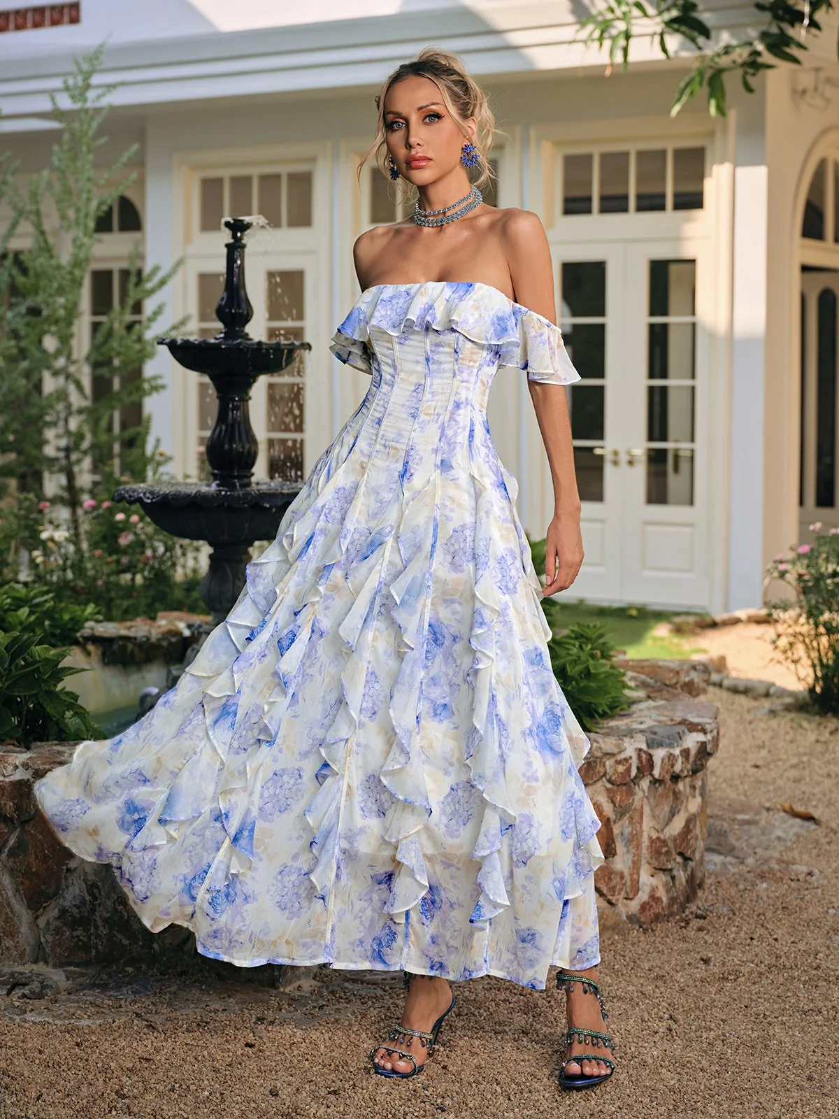 Floral Ruffle Maxi Dress - Elegant Off-Shoulder Womens Tea Dress