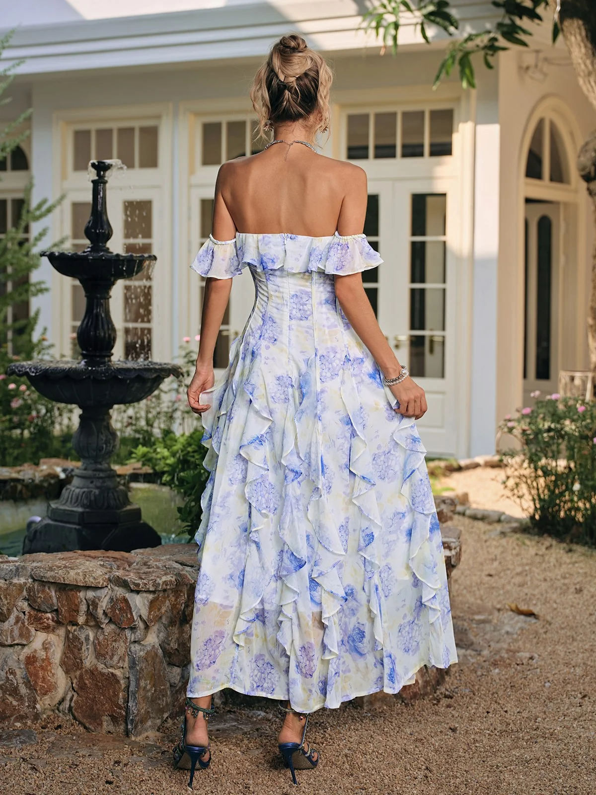 Floral Ruffle Maxi Dress - Elegant Off-Shoulder Womens Tea Dress