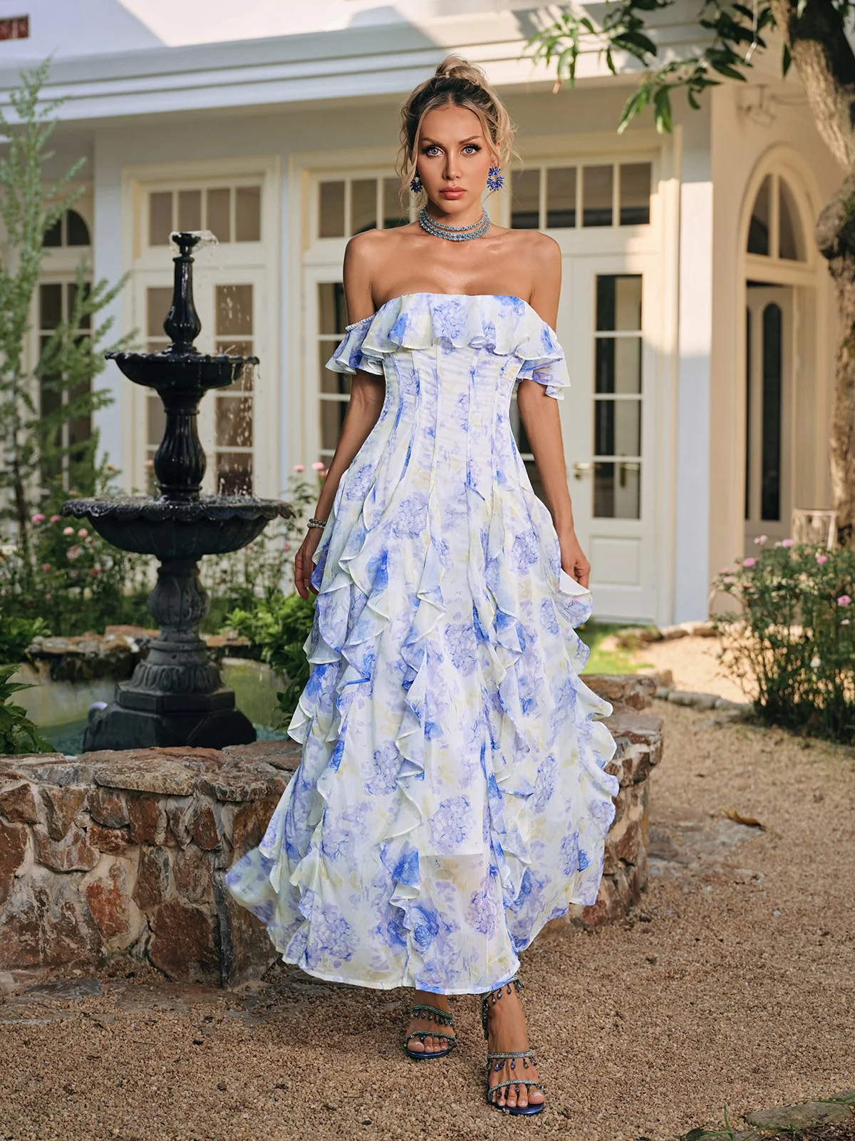 Floral Ruffle Maxi Dress - Elegant Off-Shoulder Womens Tea Dress