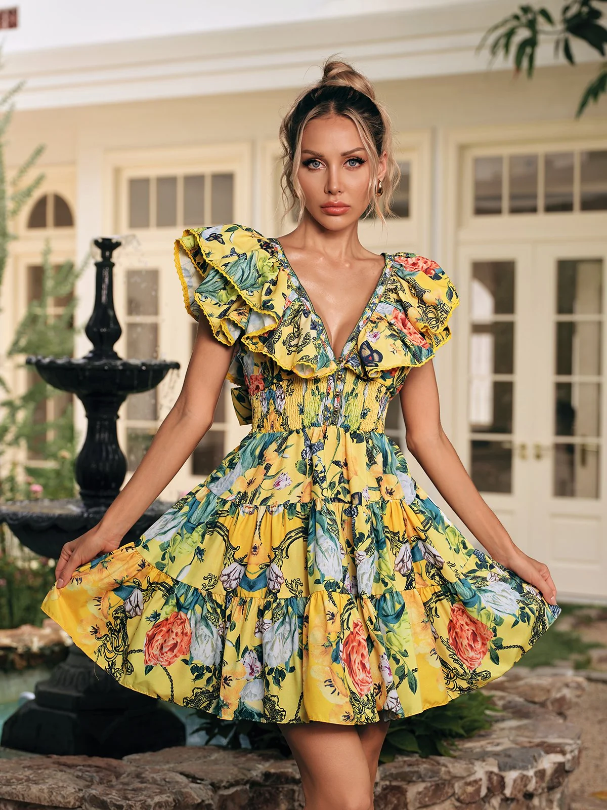 Floral Print V-Neck Ruffle Mini Dress