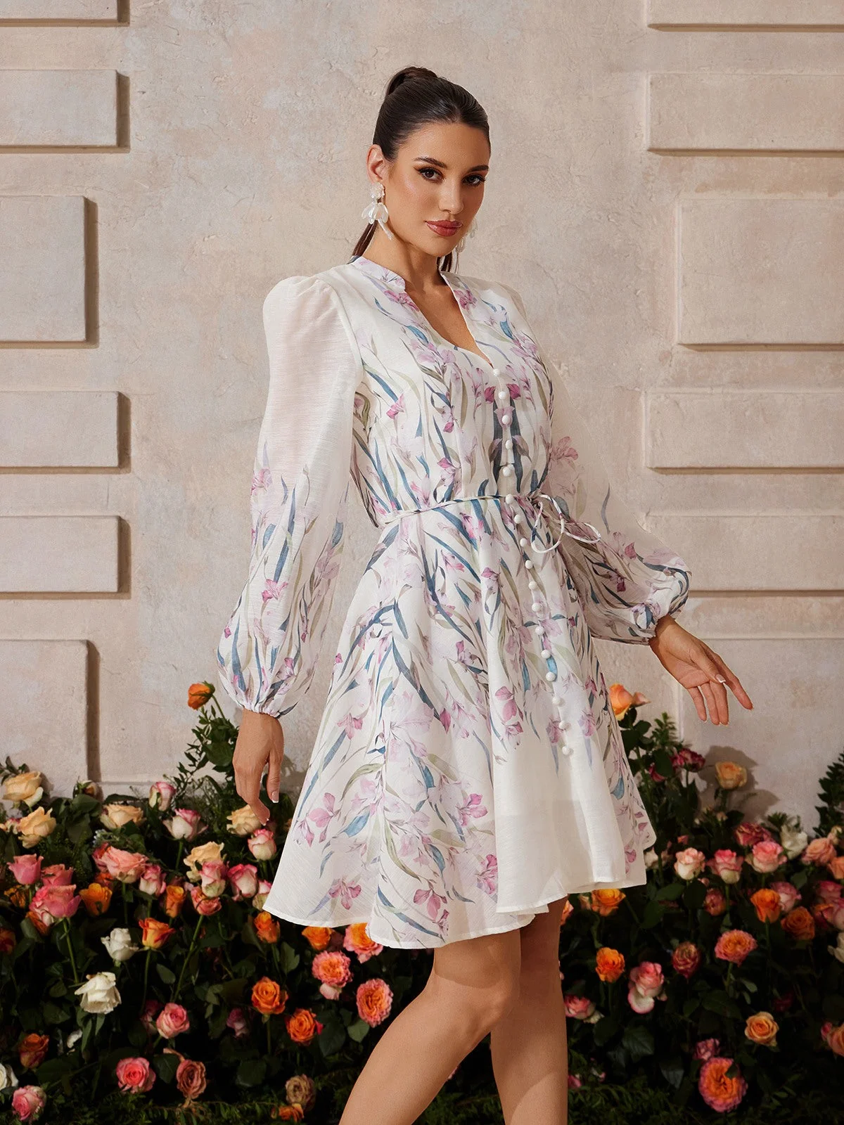 White Floral V Neck Mini Dress - Feminine Charm & Elegance