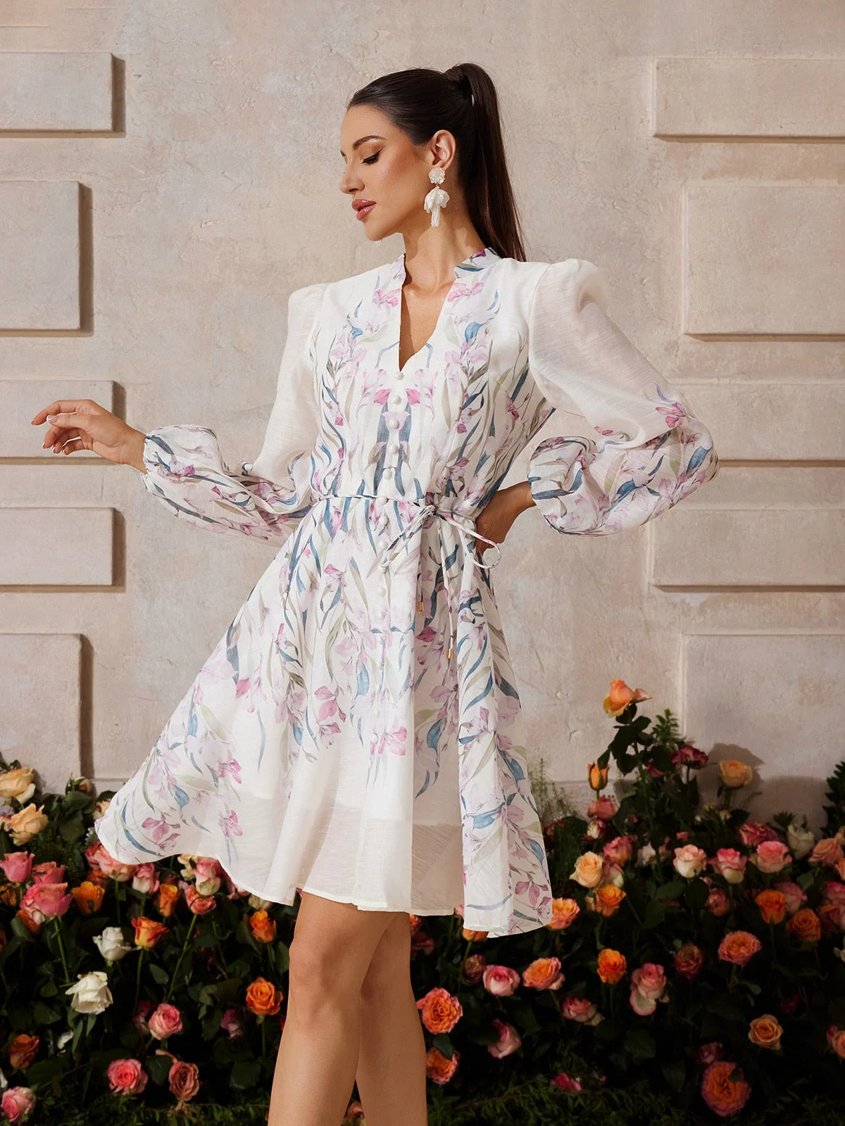 White Floral V Neck Mini Dress - Feminine Charm & Elegance