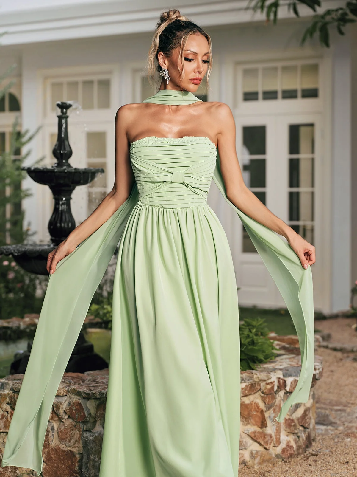 Elegant Ruched Maxi Dress with Scarf Detail