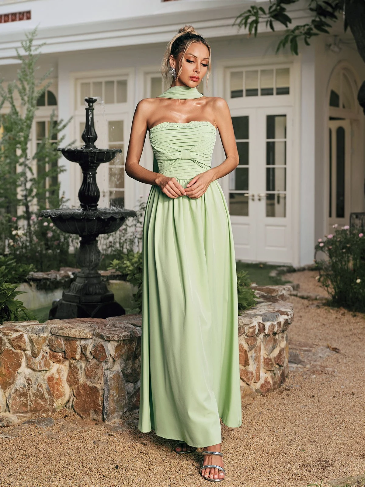 Elegant Ruched Maxi Dress with Scarf Detail