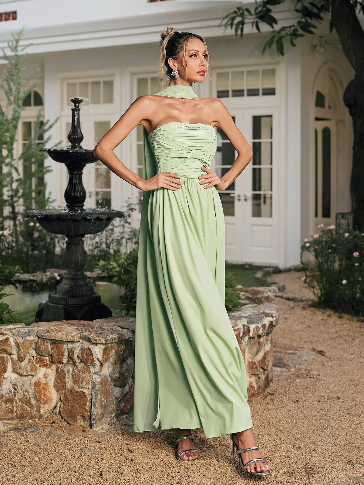 Elegant Ruched Maxi Dress with Scarf Detail