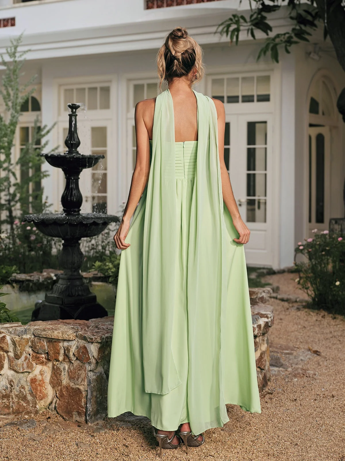 Elegant Ruched Maxi Dress with Scarf Detail