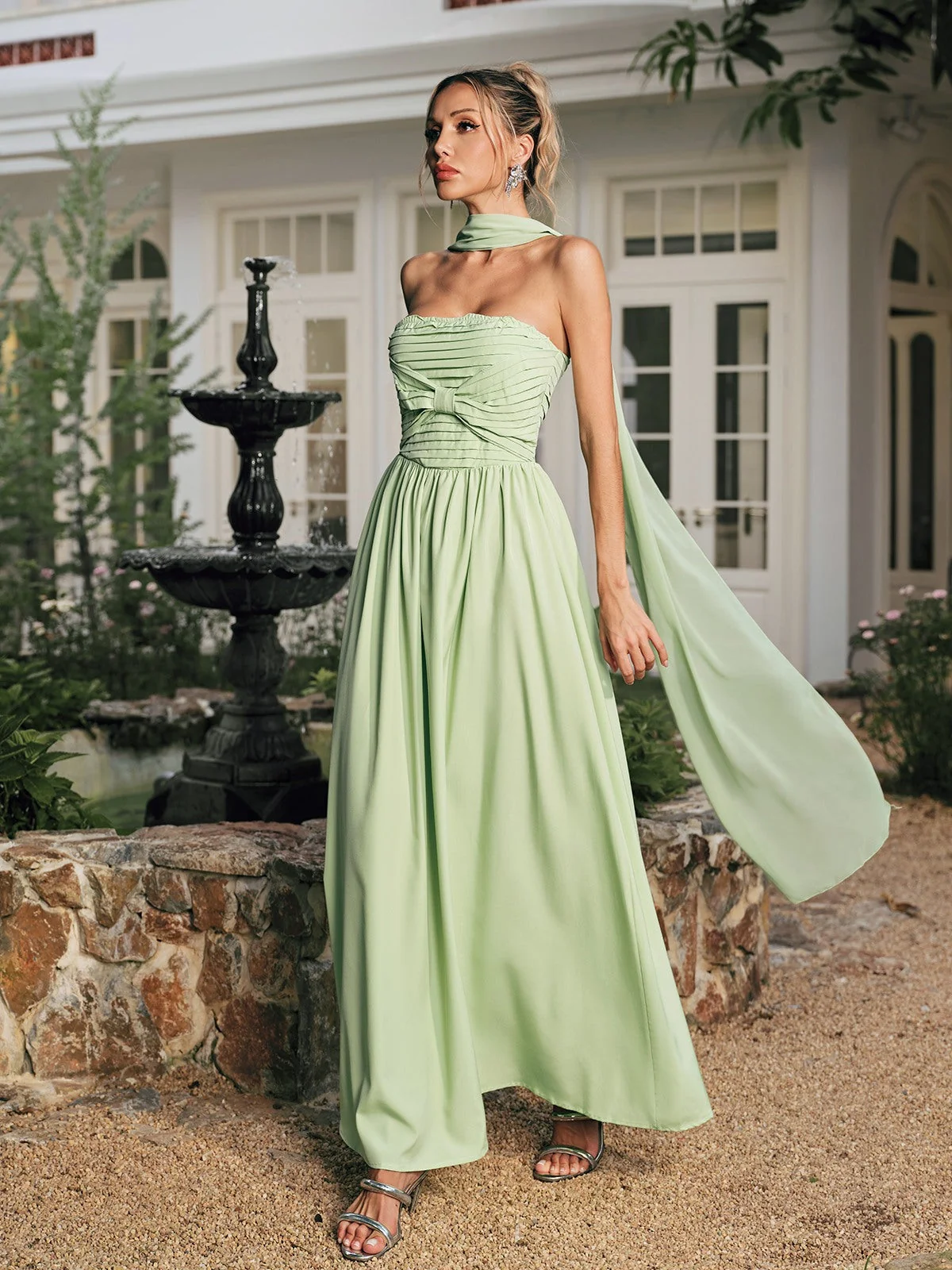 Elegant Ruched Maxi Dress with Scarf Detail