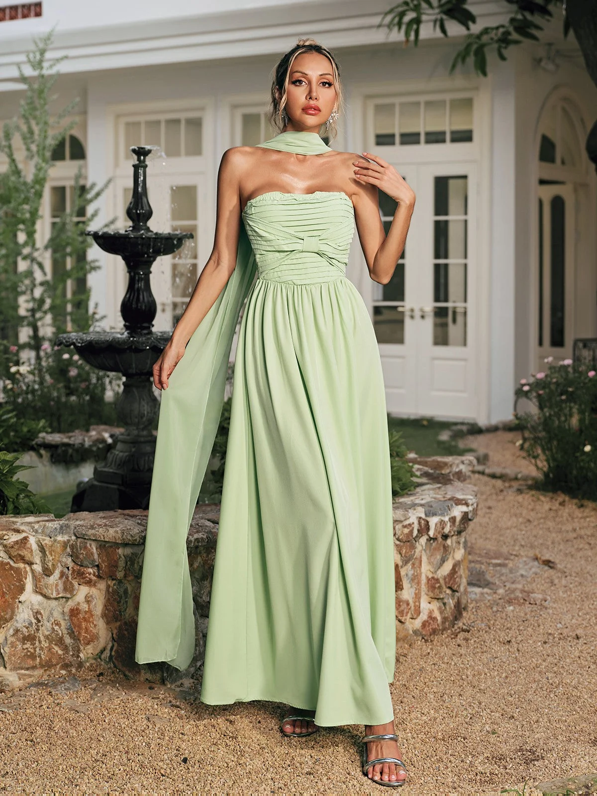 Elegant Ruched Maxi Dress with Scarf Detail
