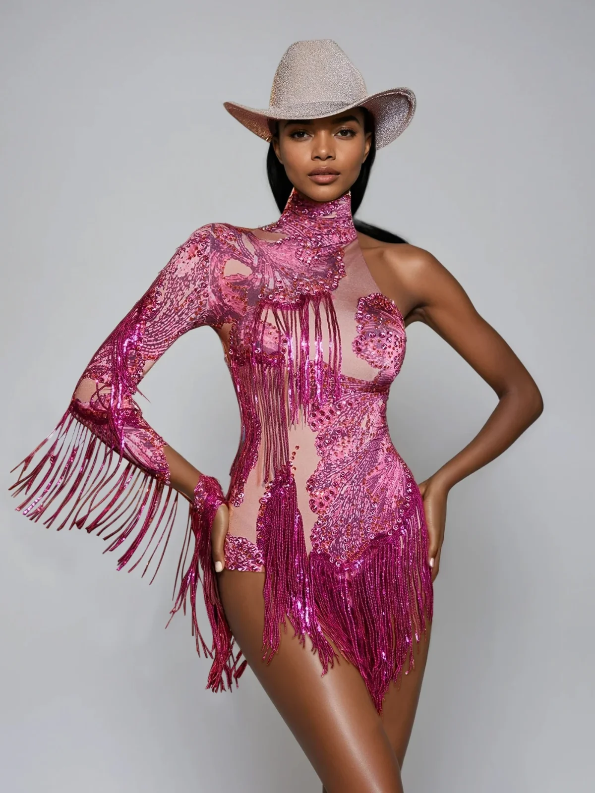 Hot Pink One Shoulder Rhinestone Fringe Jumpsuit