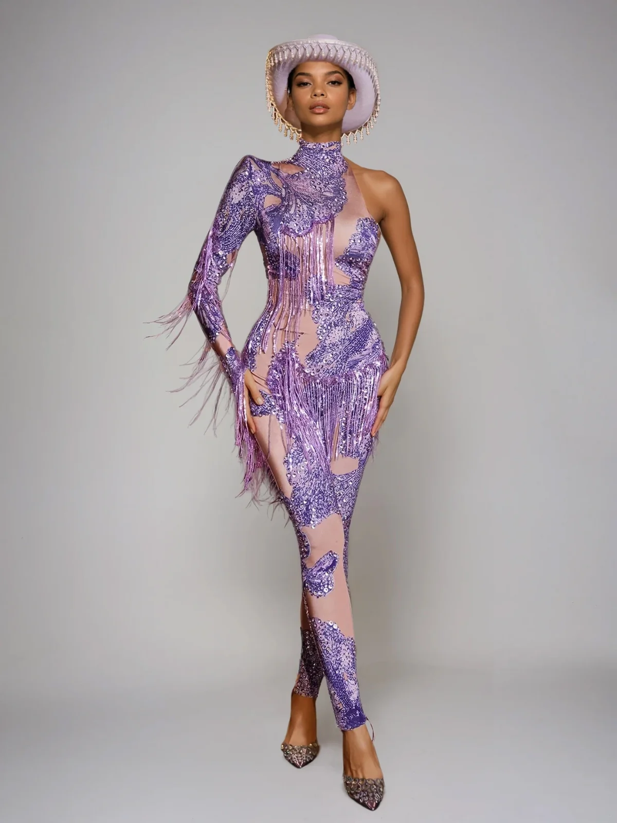 Rhinestone Fringe Detailed One-Shoulder Jumpsuit - Elegant Purple Romper