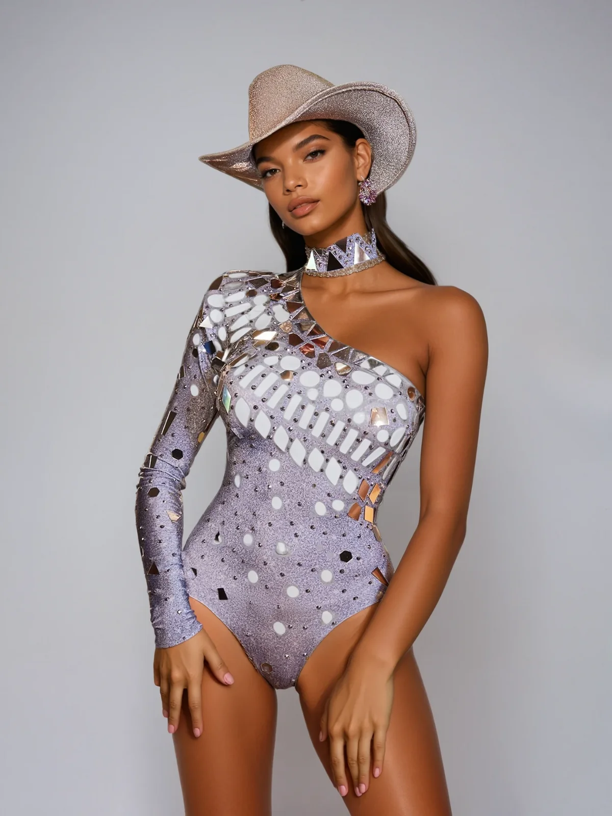 Sparkling Acrylic Rhinestone One-Shoulder Bodysuit - Glamorous Style