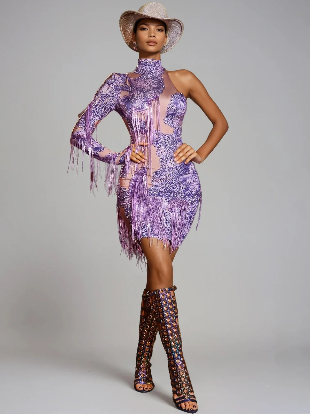 Sparkling Rhinestone Fringe Mini Dress - One-Shoulder Glamour