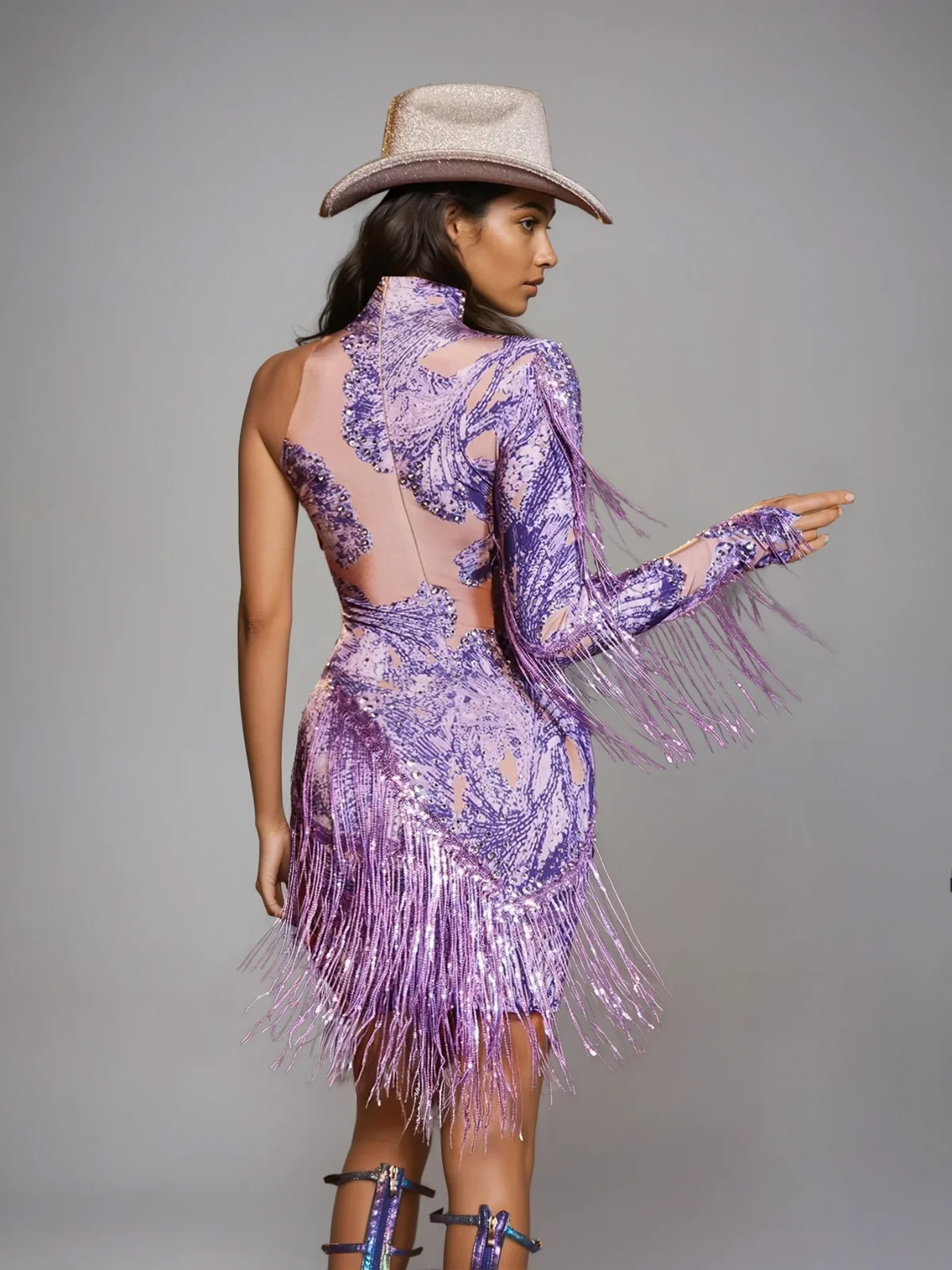 Sparkling Rhinestone Fringe Mini Dress - One-Shoulder Glamour