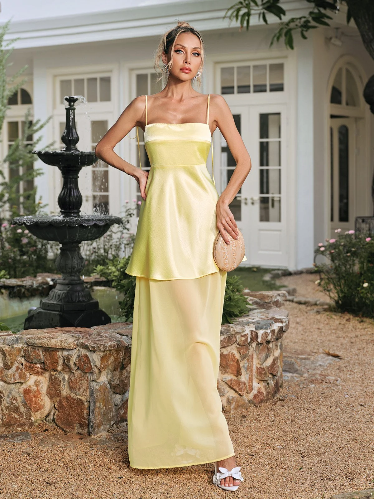 Elegant Yellow Spaghetti Mesh Maxi Dress