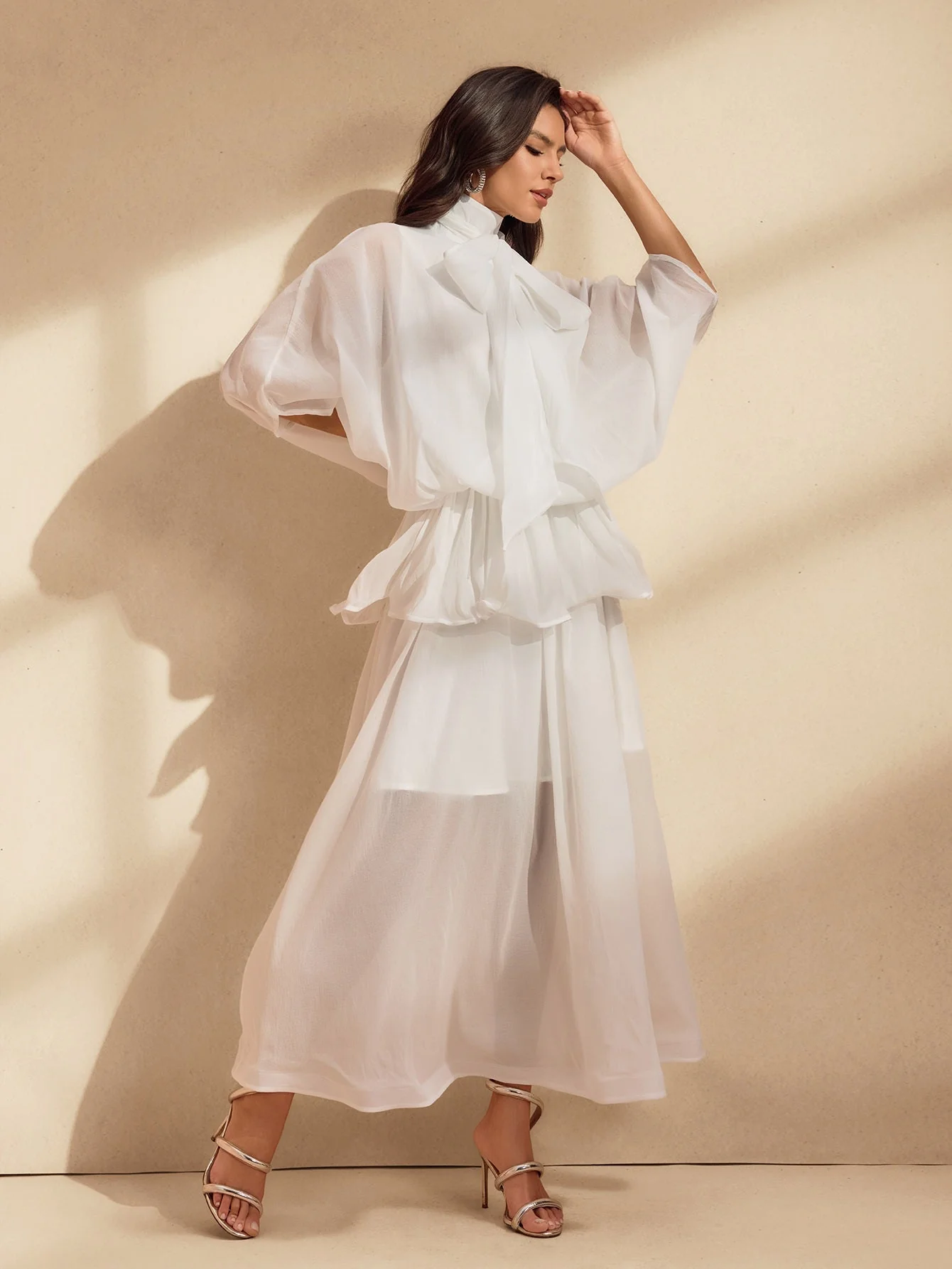 Elegant White Mesh Maxi Dress with Ruffle Bow Detail