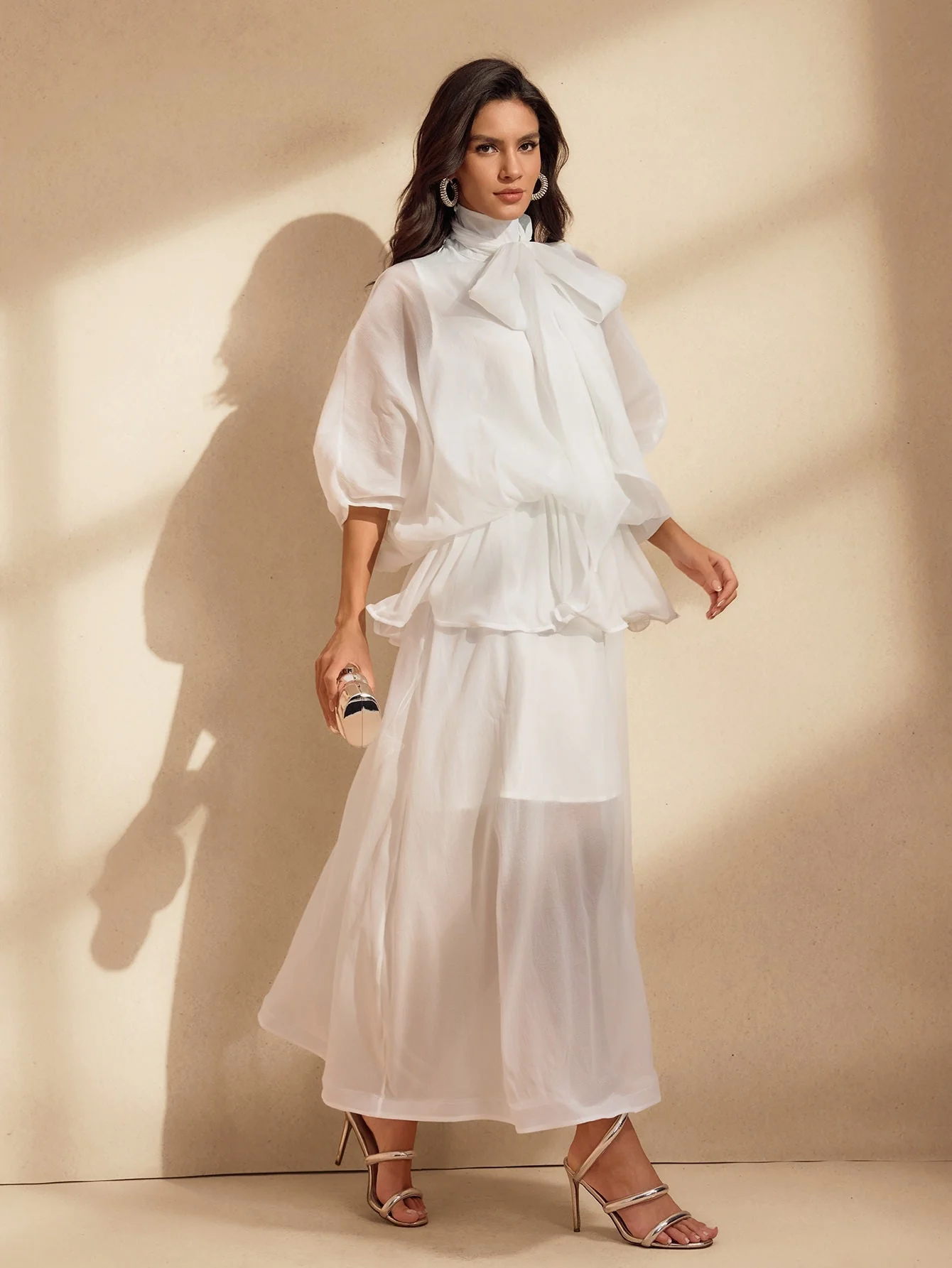 Elegant White Mesh Maxi Dress with Ruffle Bow Detail