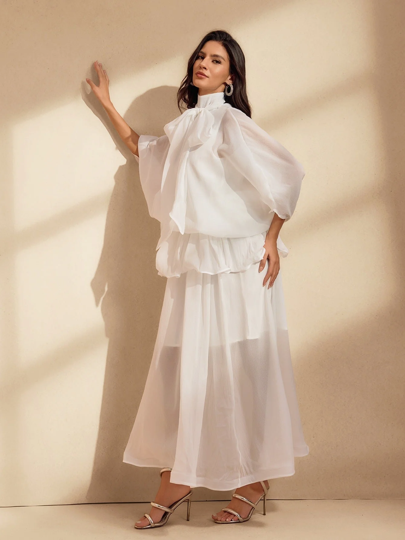 Elegant White Mesh Maxi Dress with Ruffle Bow Detail