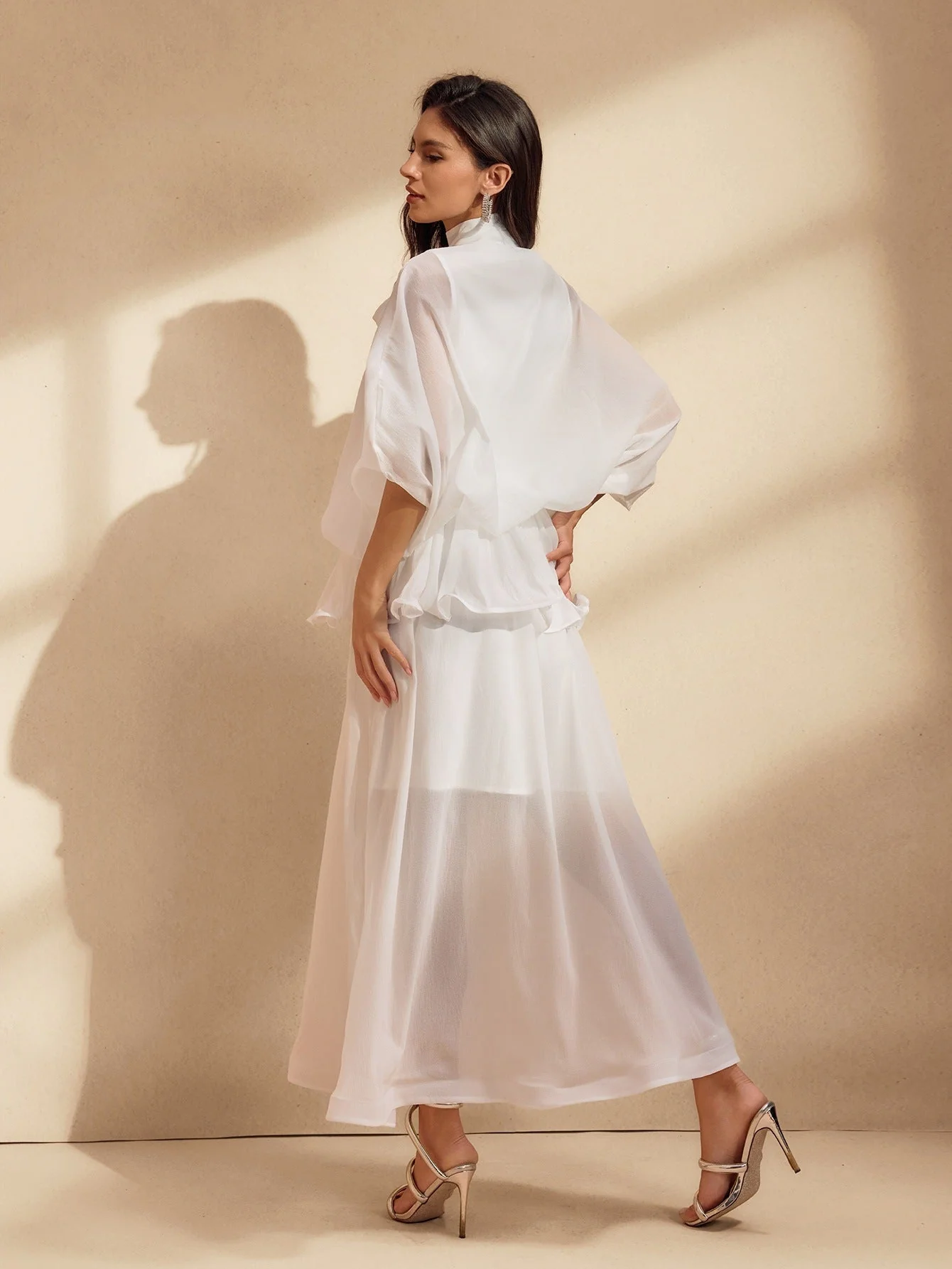 Elegant White Mesh Maxi Dress with Ruffle Bow Detail