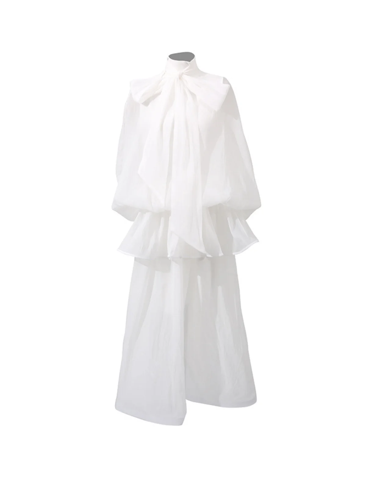 Elegant White Mesh Maxi Dress with Ruffle Bow Detail