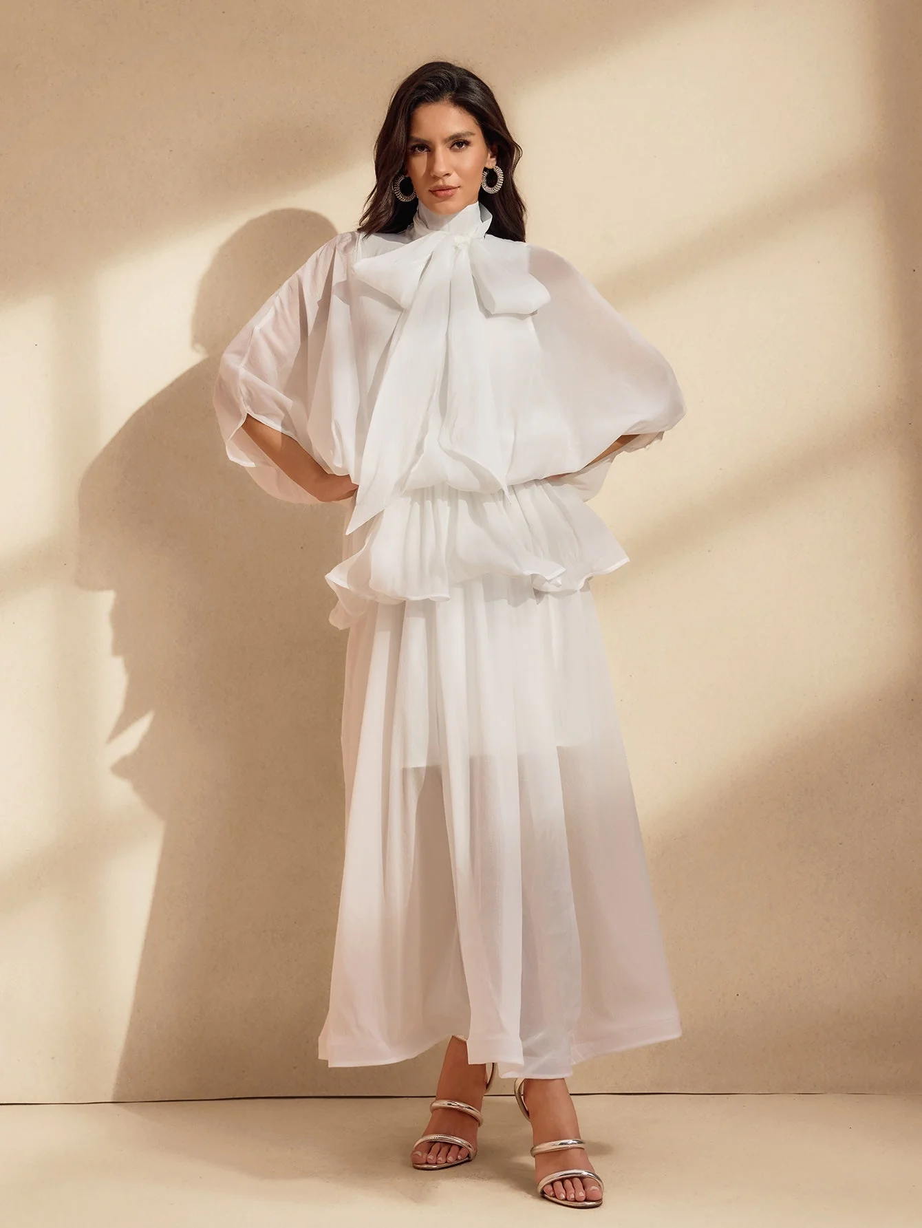 Elegant White Mesh Maxi Dress with Ruffle Bow Detail