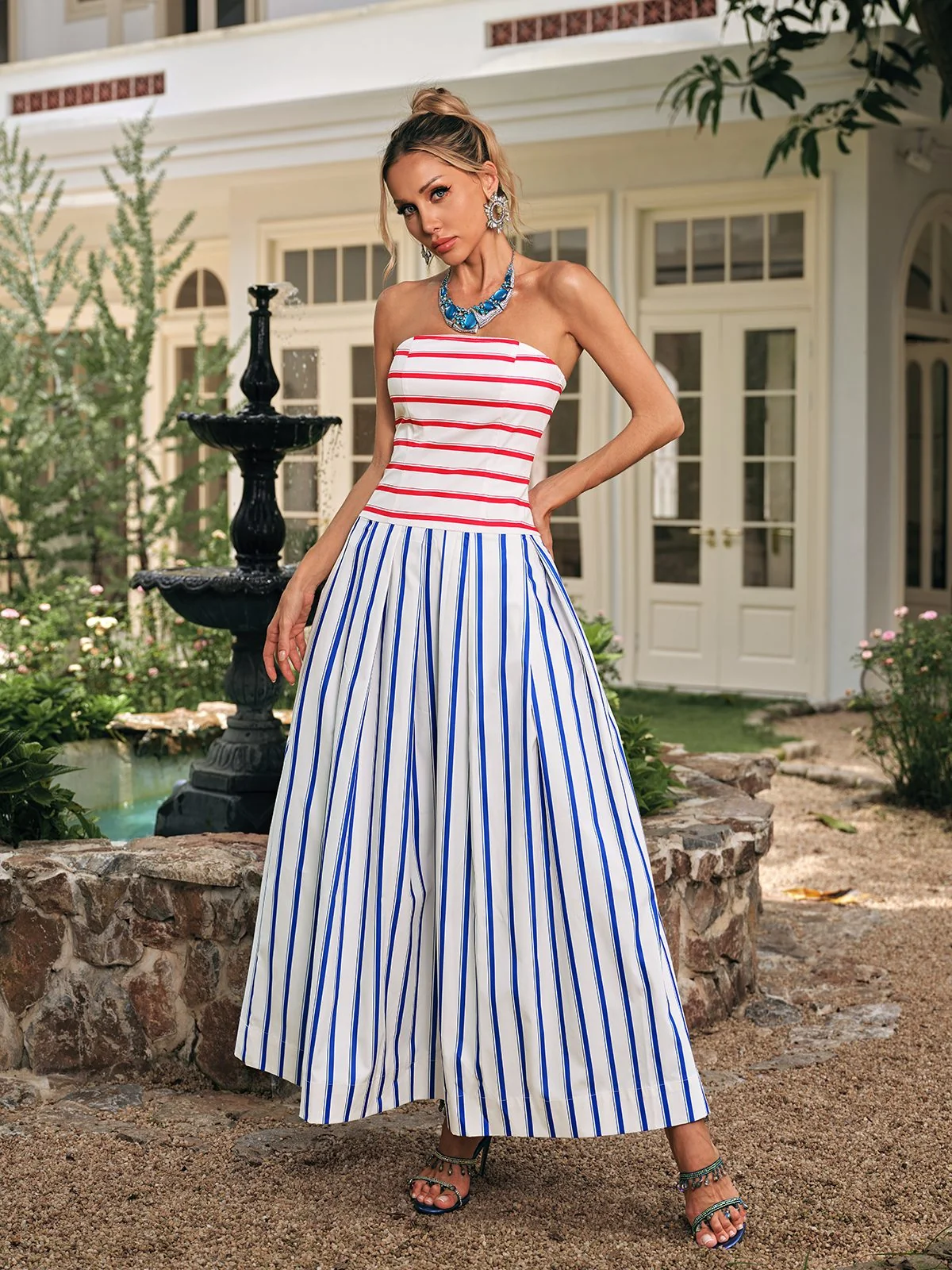 Striped Maxi Dress with Strapless Design