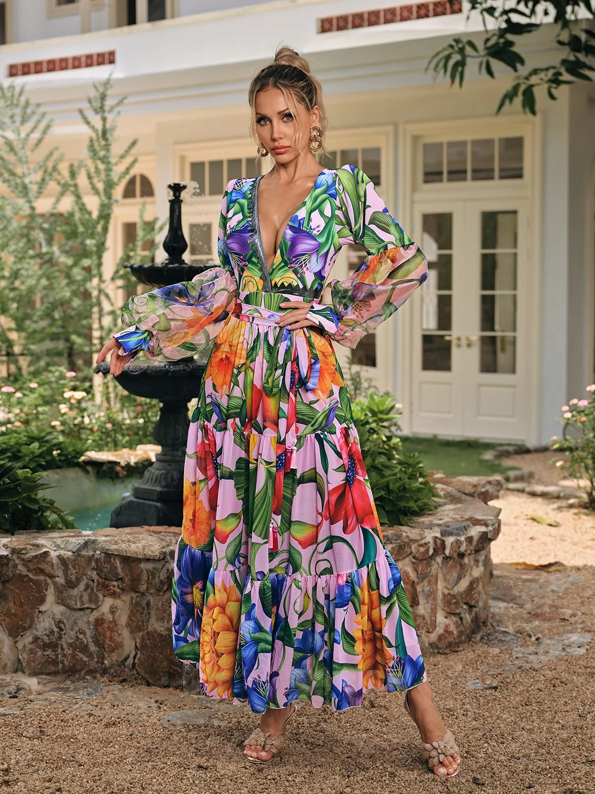 Vibrant Printed V Neck Two-Piece Swimwear Set