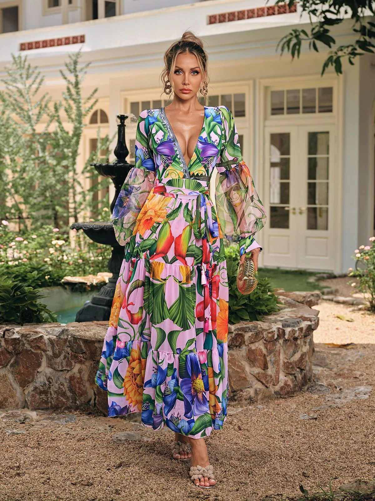 Vibrant Printed V Neck Two-Piece Swimwear Set