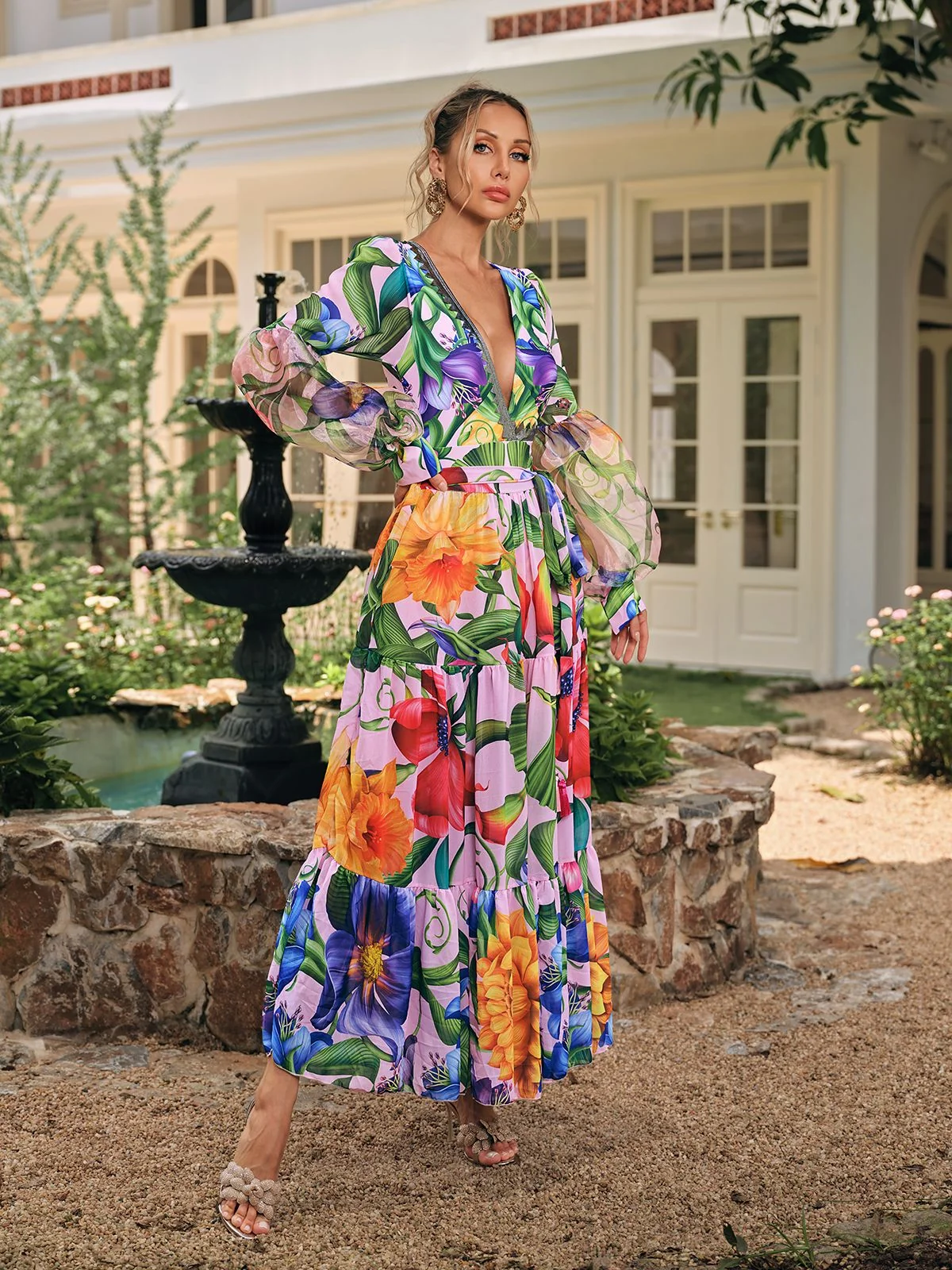 Vibrant Printed V Neck Two-Piece Swimwear Set