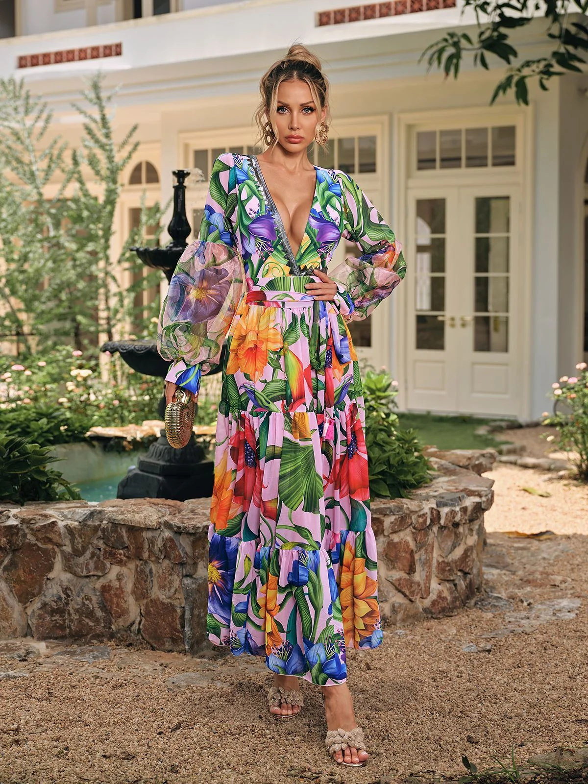 Vibrant Printed V Neck Two-Piece Swimwear Set