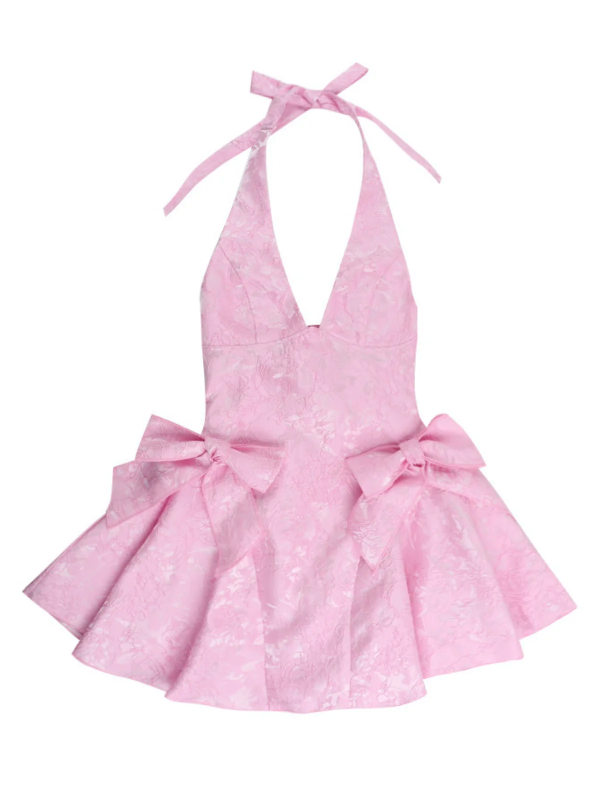 Elegant Jacquard Mini Dress with Plunge Neckline and Bow Detail