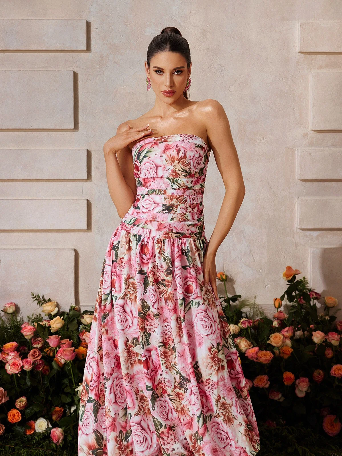 Rose Pink Floral Bubble Midi Dress