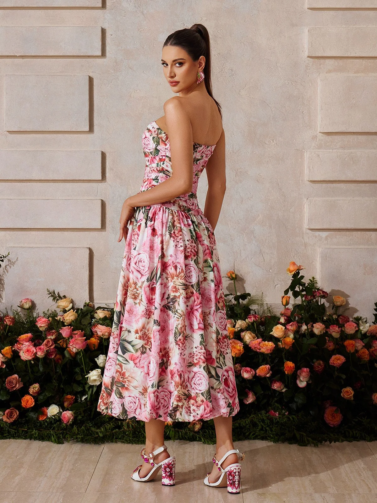 Rose Pink Floral Bubble Midi Dress