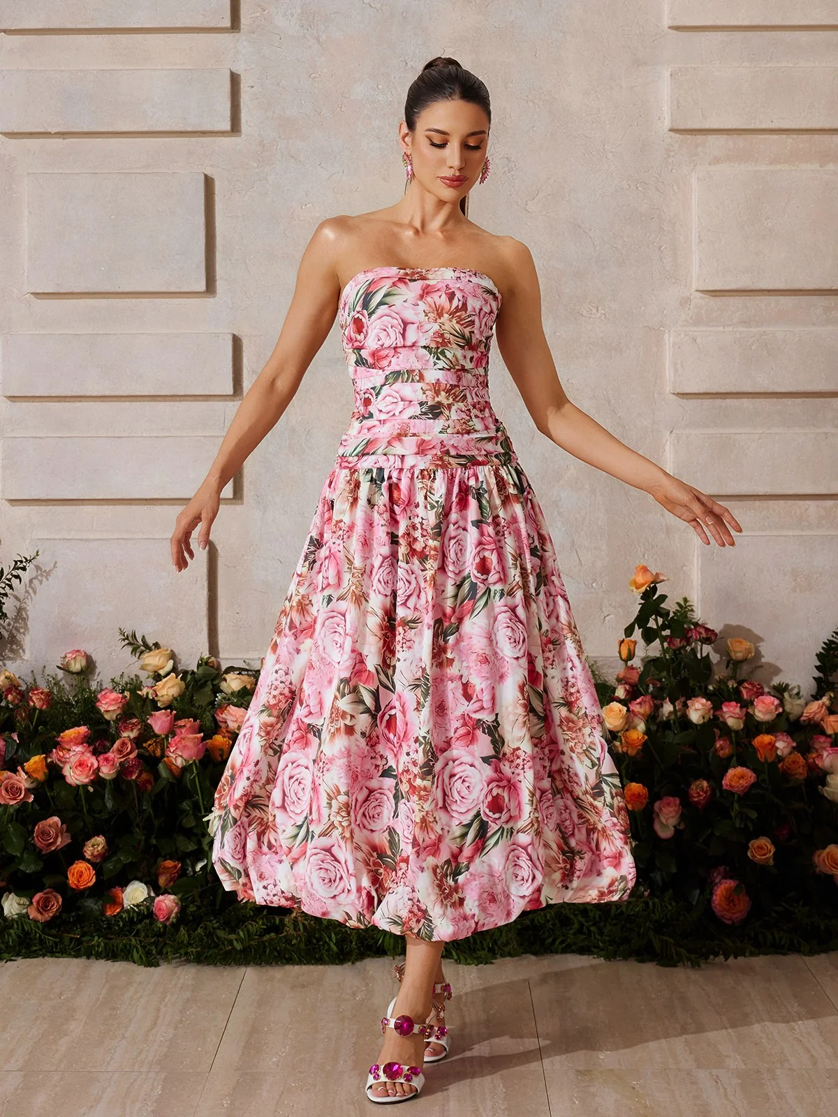 Rose Pink Floral Bubble Midi Dress
