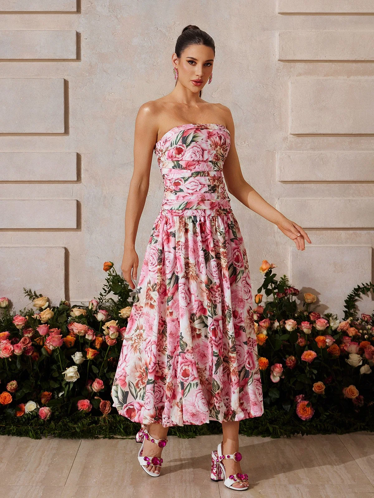 Rose Pink Floral Bubble Midi Dress