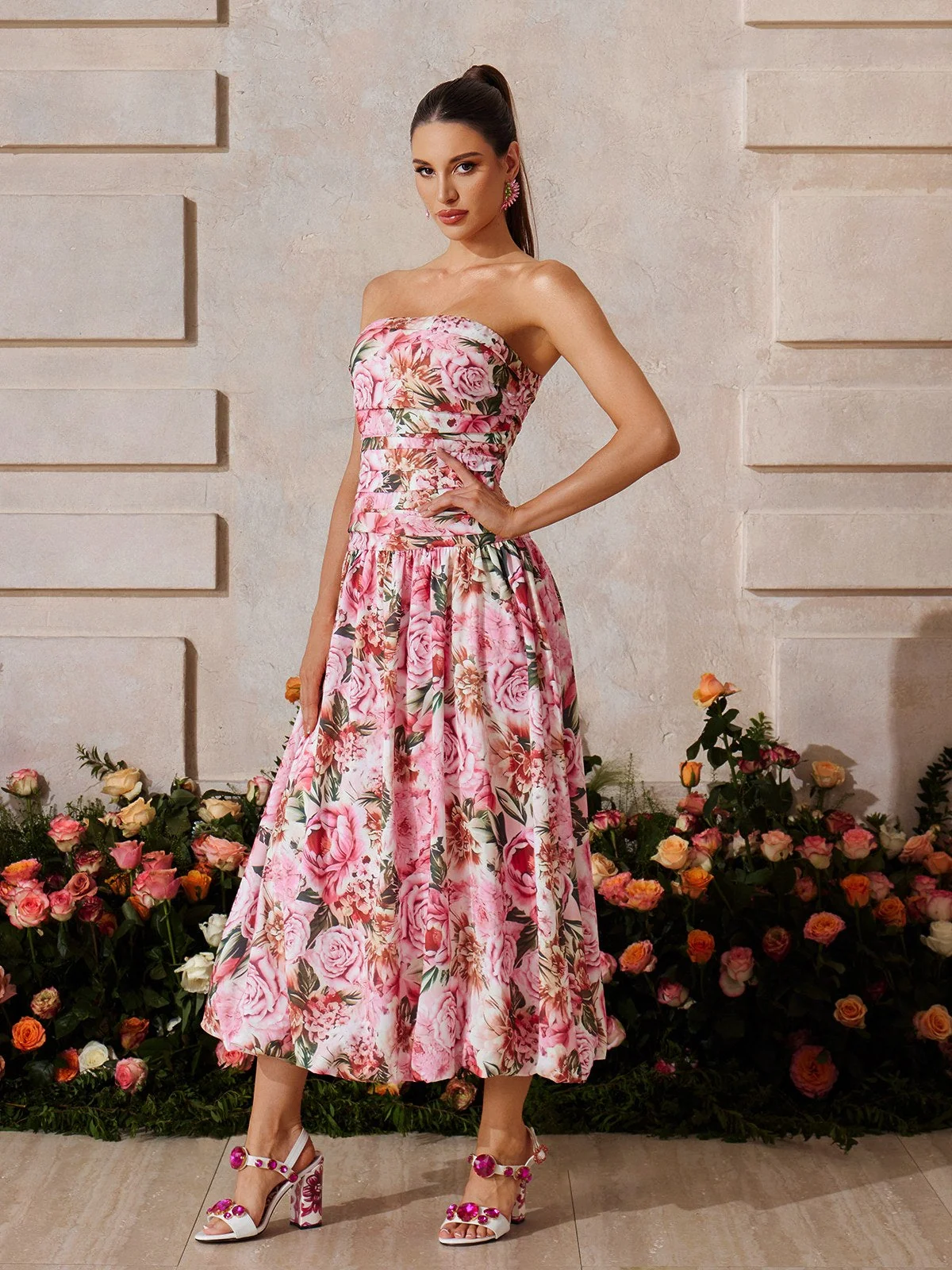Rose Pink Floral Bubble Midi Dress
