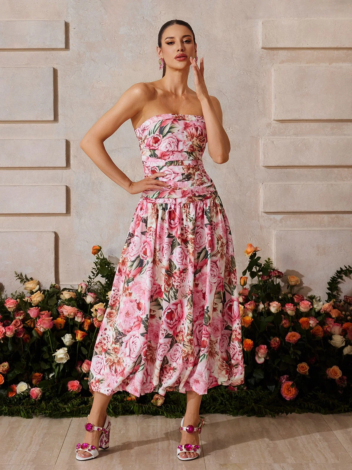 Rose Pink Floral Bubble Midi Dress