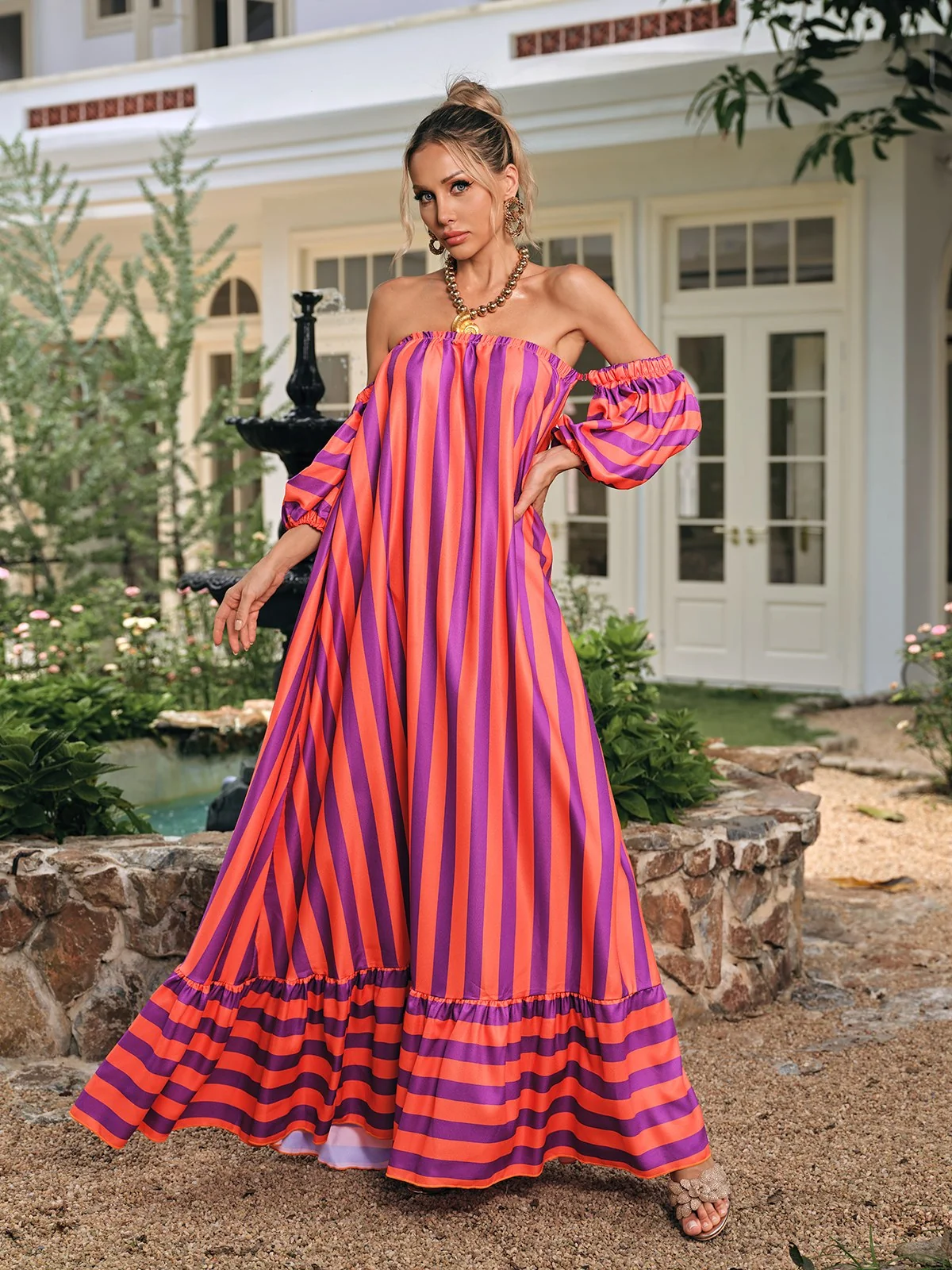 Orange Striped Off Shoulder Maxi Dress