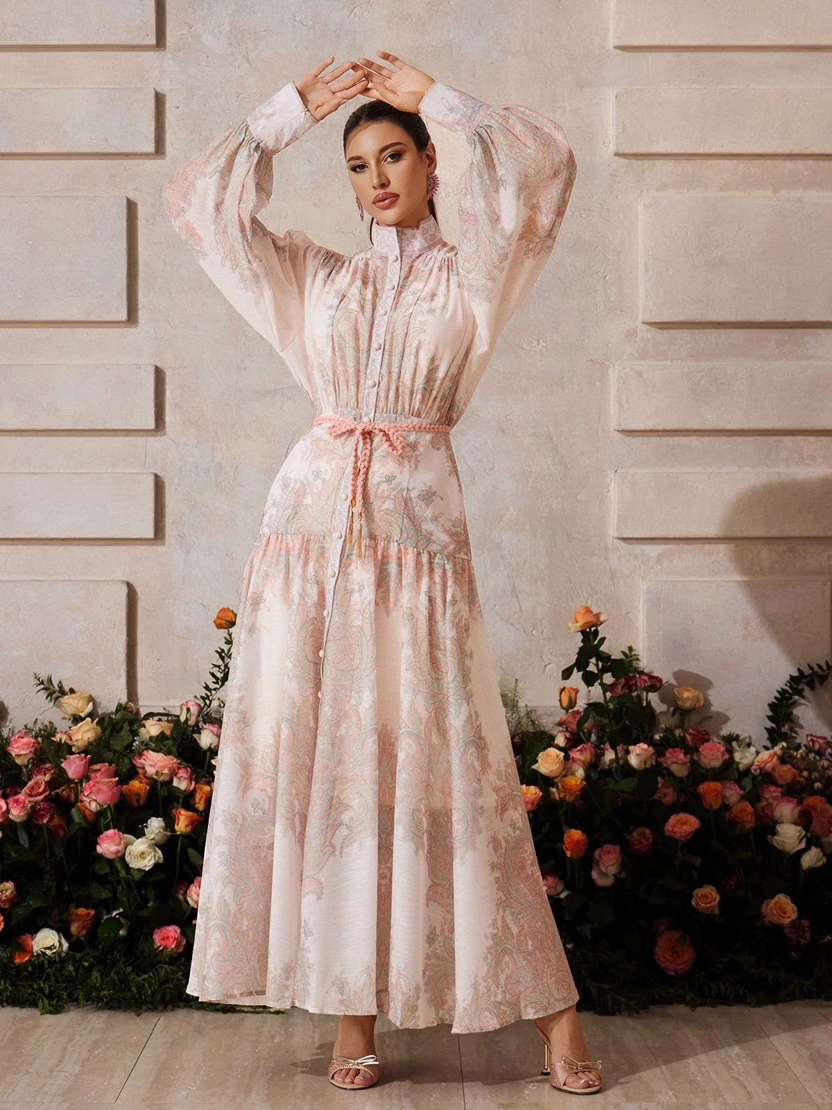 Button-Up Floral Maxi Dress - Elegant High Neck Design