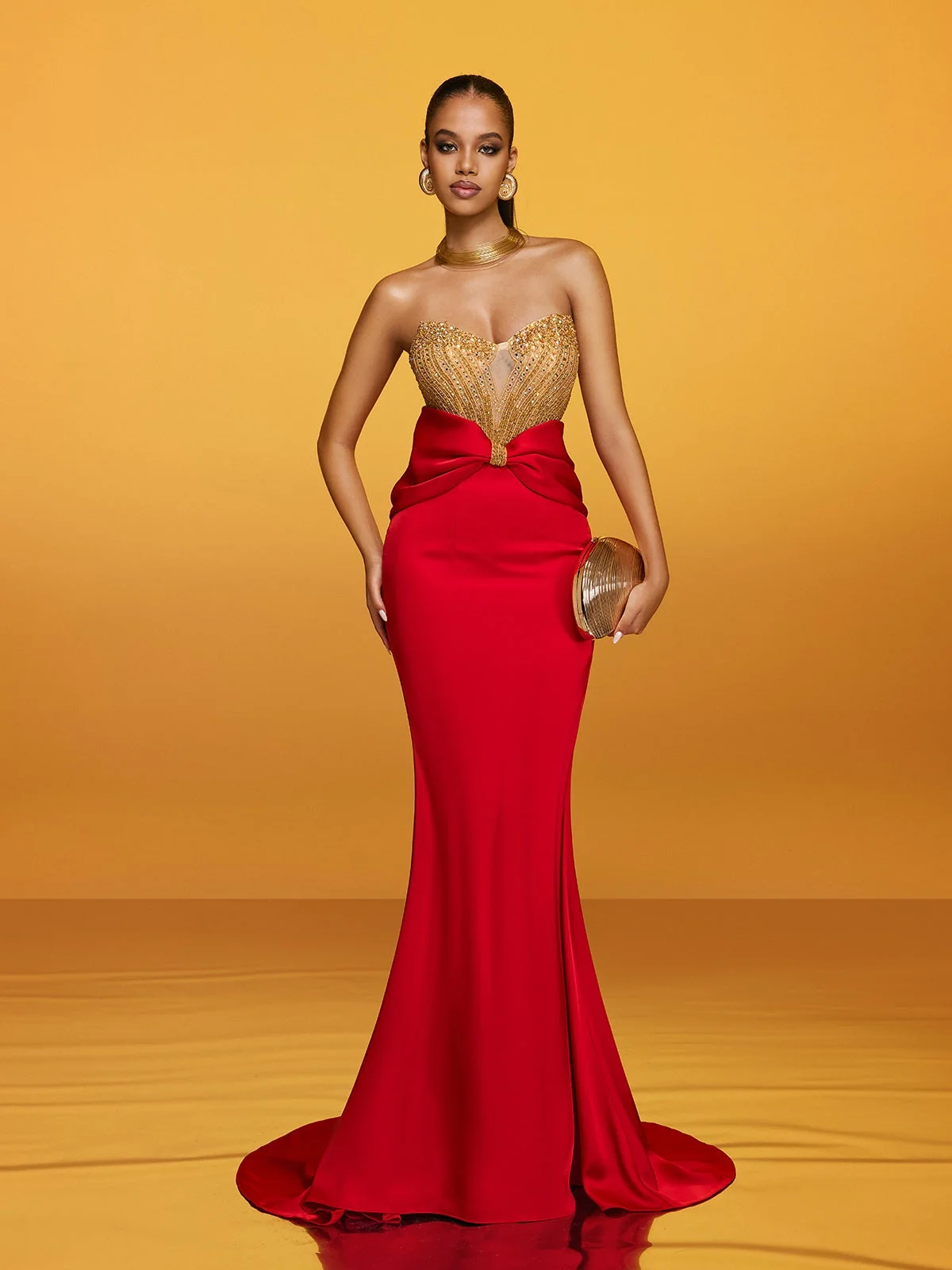 Satin Strapless Maxi Dress with Elegant Bow Detail
