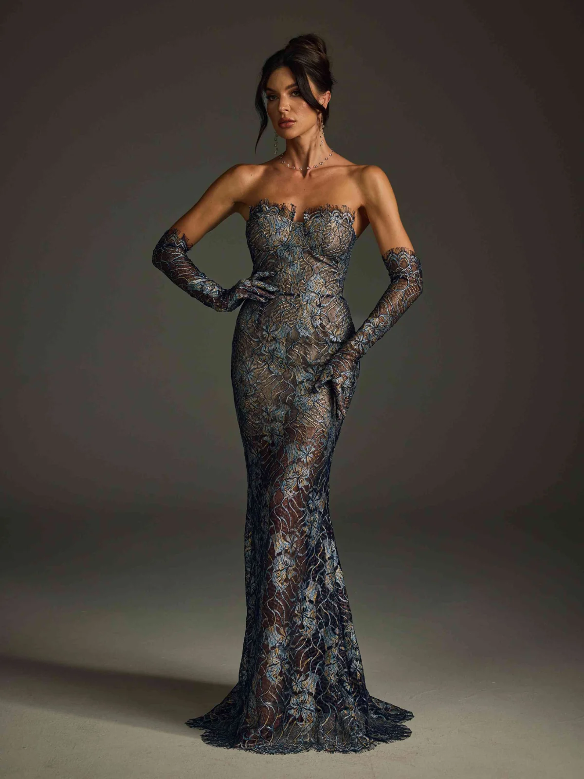Navy Strapless Floral Lace Maxi Dress - Elegant Evening Attire