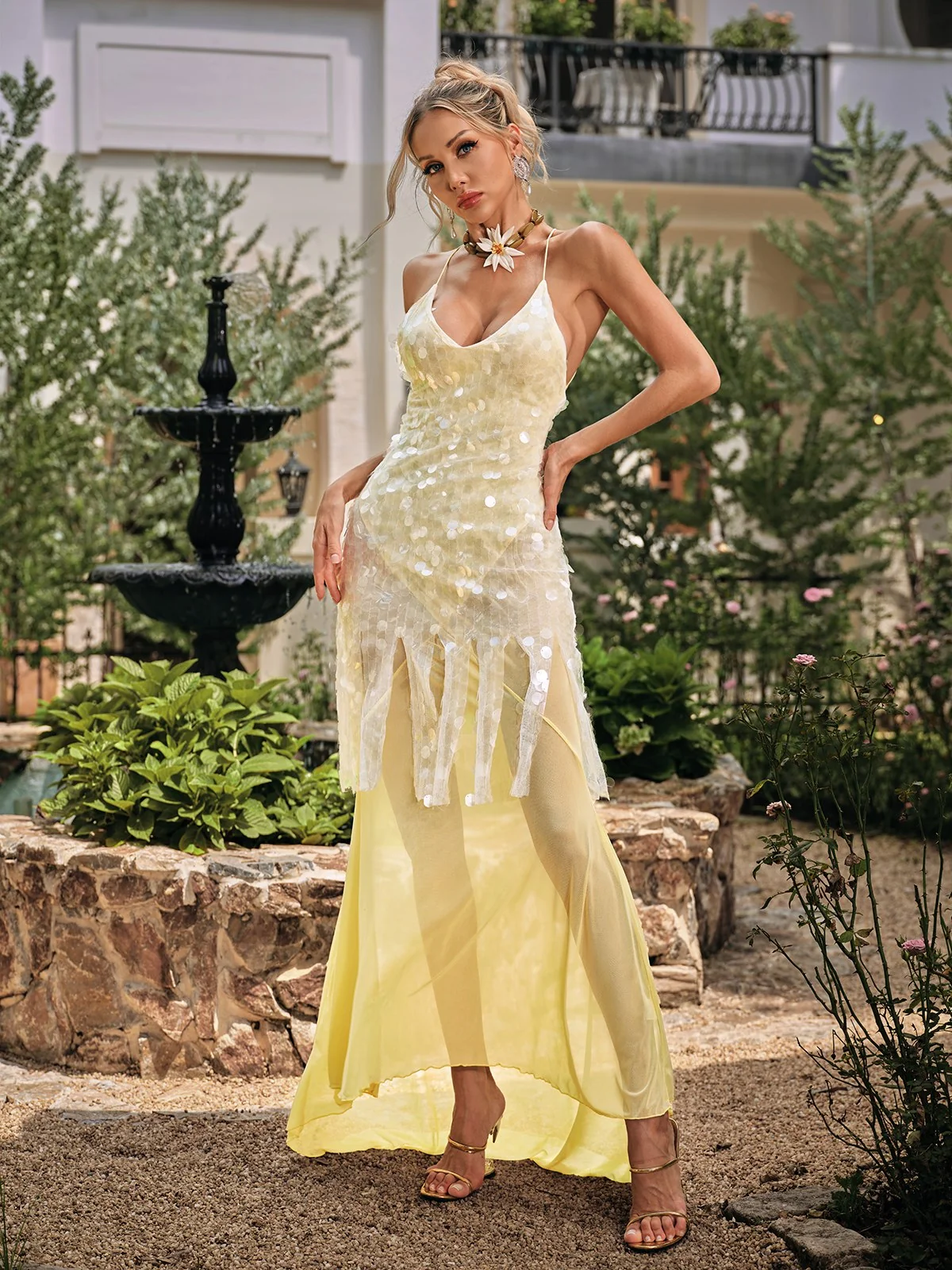 Yellow Sequin Layered Maxi Dress - Elegant Evening Wear