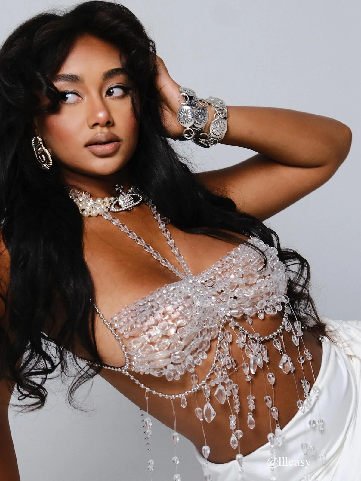 Fringe Gemstone White Beaded Bralette - Luxury Festive Styling