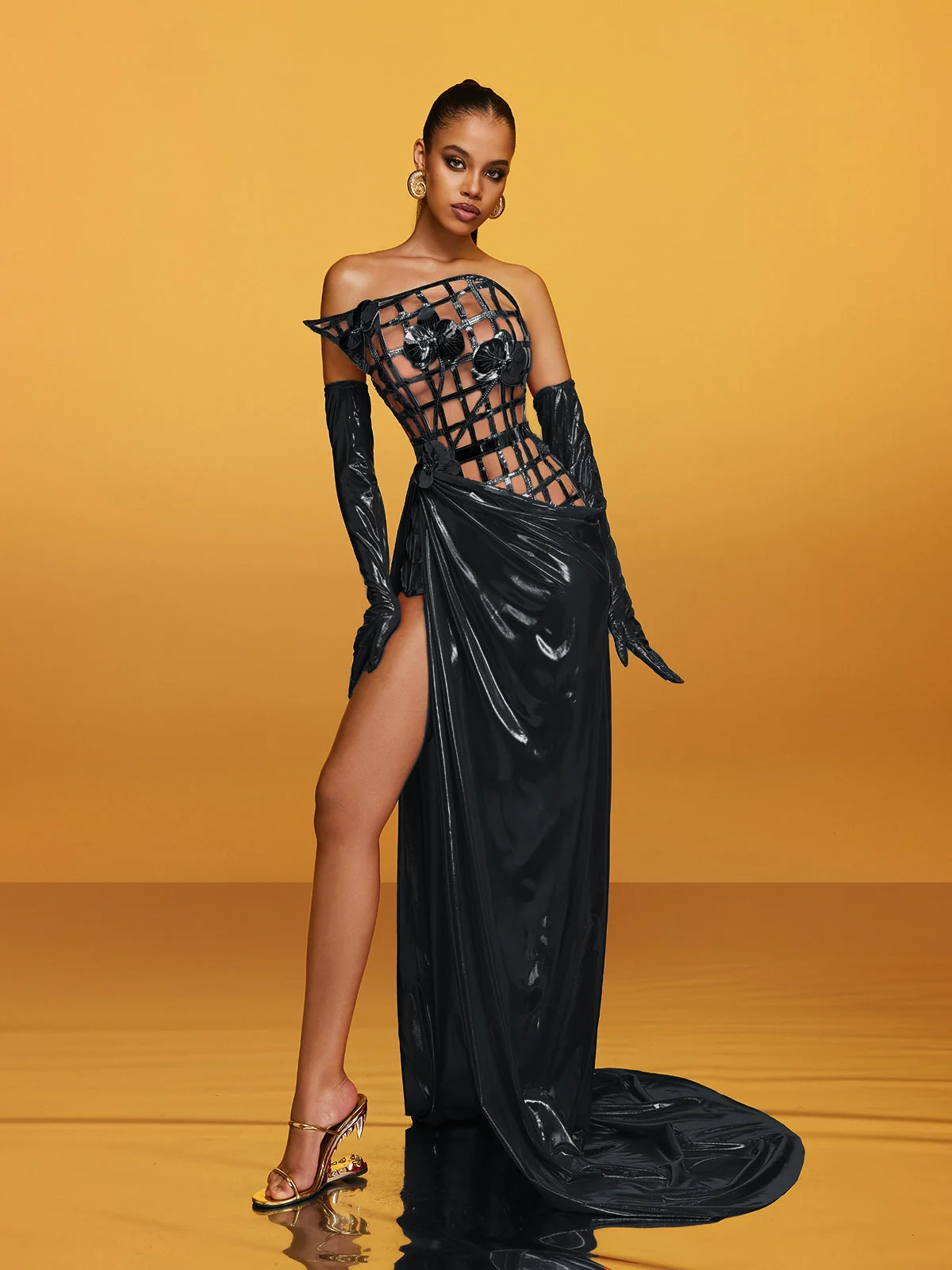 Black Metallic Floral Strapless Maxi Dress - Elegant Evening Gown